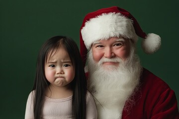 Wall Mural - Isolated white toddler girl in santaâ€™s chair on green background. Lively festive season, lovely toddler girl! copyspace. Santa claus sitting green lap. Green santa claus theme photo.