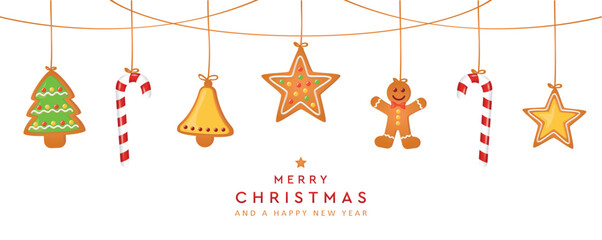Wall Mural - christmas card with hanging gingerbread cookies decoration and fir branches vector illustration
