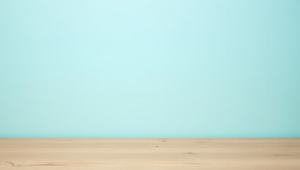 Aufkleber - Wooden table top is empty, resting on a soft blue pastel colored background with minimal decoration or clutter visible nearby._00001_