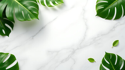 Aufkleber - Tropical leaves scattered across a polished marble surface evoke a sense of serene natural beauty in a tranquil summer setting._00003_