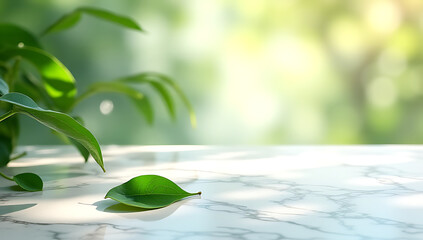 Aufkleber - Tropical leaves scattered across a polished marble surface evoke a sense of serene natural beauty in a tranquil summer setting._00002_