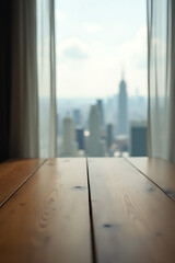 Aufkleber - The wood table top blended in with a blurred curtain, creating a subtle backdrop for a stunning city view._00002_