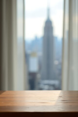 Aufkleber - The wood table top blended in with a blurred curtain, creating a subtle backdrop for a stunning city view._00003_