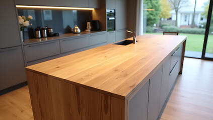 Poster - The modern wood table top features a minimalist island design for a sleek and contemporary look in the kitchen._00003_