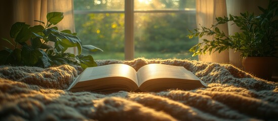 Poster - Open book on cozy blanket near window, sunlit.