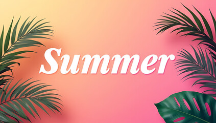 Poster - Summer text features a tropical leaf design against a vibrant color background, blending fashion and natural elements together._00001_