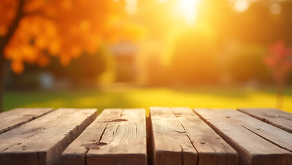 Poster - Rustic wooden planks set against a warm orange garden backdrop with soft morning sunlight filtering through the blurred images._00003_