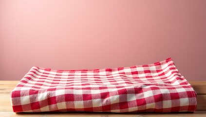Poster - Red and white checked fabric or cloth laid out on a wooden tabletop in an isolated background setting._00003_