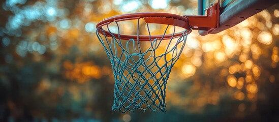 Wall Mural - Outdoor basketball hoop with net, blurred nature background.