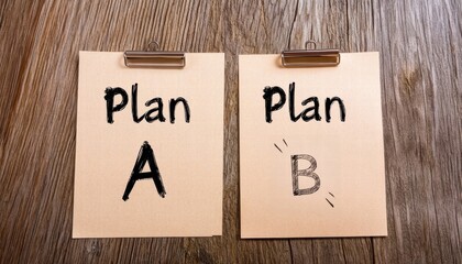 Poster - Two paper notes displaying Plan A and Plan B on wooden background, symbolizing decision-making and strategy.