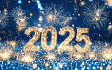 Poster - Celebrate the New Year 2025 with vibrant fireworks illuminating the night sky and sparkling decorations.