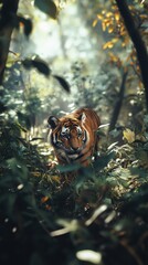 Wall Mural - majestic tiger prowling through dense jungle under soft light, bold and natural composition, serene and powerful focus, detailed and atmospheric scene