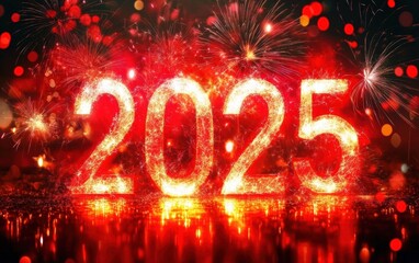 Poster - Vibrant fireworks and sparkling lights celebrating the new year 2025 with bold numbers shining against a festive backdrop.