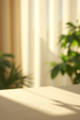Poster - nimalist tabletop setting features a blurred curtain background and abstract greenery highlighted by warm sunlight for a visually striking image._00002_