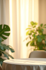 Poster - nimalist tabletop setting features a blurred curtain background and abstract greenery highlighted by warm sunlight for a visually striking image._00001_