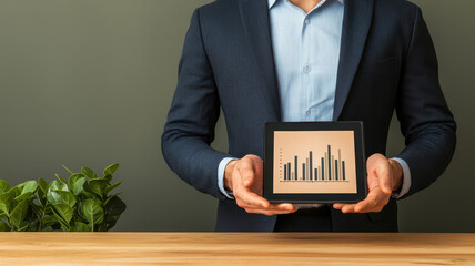 Poster - A businessman holding a statistics chart, representing growth and financial analysis in a modern office environment.