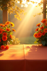 Aufkleber - Morning sunlight filters through the tablecloth, revealing a vibrant orange garden scene, perfect for a key visual design concept._00003_