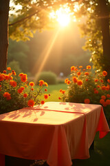 Aufkleber - Morning sunlight filters through the tablecloth, revealing a vibrant orange garden scene, perfect for a key visual design concept._00002_
