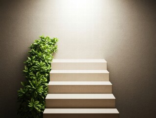 Poster - A serene staircase illuminated softly, accompanied by lush greenery, creating a calm and inviting atmosphere.