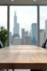 Poster - Minimalist office interior features a wooden table in front of a blurred cityscape, ideal for product display or design visualization purposes._00003_