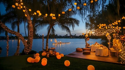 Stylish lakefront house New Year party with shimmering lights, colorful balloons and a joyful setup for leisure and fun