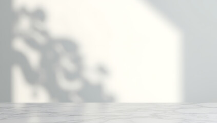 Poster - Marble table top has a blurred shadow of a tree behind it against a clean white wall background._00003_
