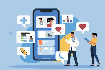 modern healthcare apps with doctors, medical icons, telemedicine, healthcare, and medical technology