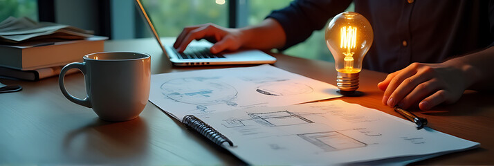 Poster - Man working on business ideas with a coffee cup and laptop, surrounded by inspirational notes and a lit lightbulb flat lay._00003_