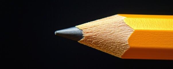 Close-up yellow pencil tip, sharp graphite point, textured wood, dark background, copy space for text