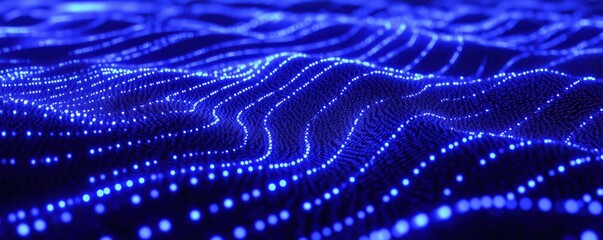 Poster - Blue glowing waves, abstract digital landscape, illuminated dots create flowing patterns, depth and movement, futuristic design, copy space for text