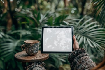 Poster - An outdoor image showing a woman holding a digital tablet with a blank white display.