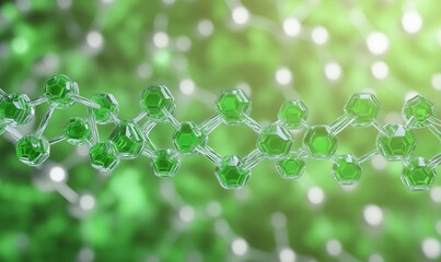 Poster - Molecular structure with green hexagonal shapes, interconnected by bonds, showcasing a scientific theme, blurred green background, light effects