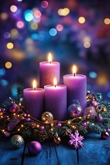 Poster - Elegant purple candles surrounded by festive decorations, creating a warm and cozy atmosphere for celebrations.