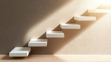Poster - Minimalistic staircase with floating steps and soft sunlight illuminating the wall, creating a serene atmosphere.