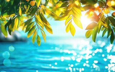 Lush green leaves frame a sparkling blue ocean with sunlit reflections, creating a serene and peaceful natural scene.