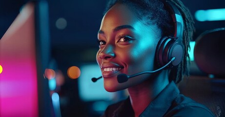 Poster - At night, a happy black woman is at a call center, engaged in customer service, consulting, or listening for assistance. She might be an insurance agent or involved in telemarketing, offering