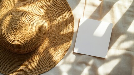 Aufkleber - Elegant 5x5 card mockup with natural straw hat on soft fabric showcasing light and shadow for branding or design purposes.