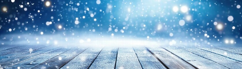 Poster - A serene winter scene showcasing falling snowflakes over a wooden floor, evoking calm and beauty of the season.