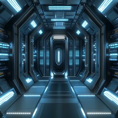 Canvas Print - Futuristic Sci-Fi Corridor with Blue Lighting