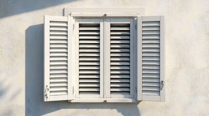 Aufkleber - Vintage white wooden shutter window with open panels ideal for architectural design and decorative visuals in interior aesthetics