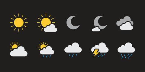 forecast sun, rain, cloudy and moon weather icon vector set