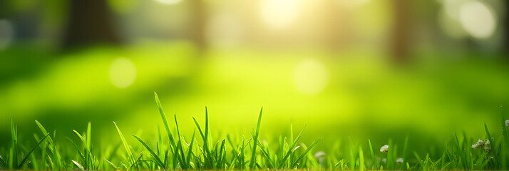 Poster - Green grass lawn garden with blurred bokeh effect creates a serene spring morning atmosphere in a natural and peaceful setting._00003_