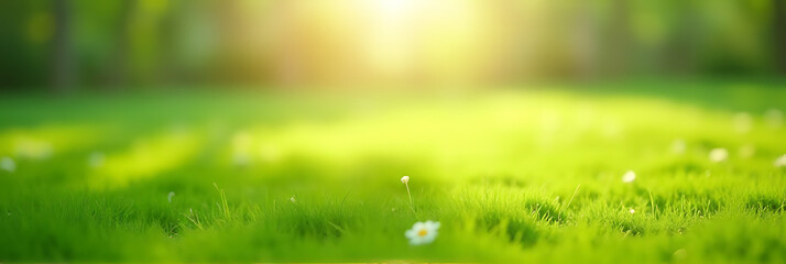 Poster - Green grass lawn garden with blurred bokeh effect creates a serene spring morning atmosphere in a natural and peaceful setting._00002_