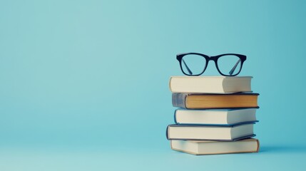 An inspiring World Book Day theme with stacked books and reading glasses on a calm, educational blue background, macro shot