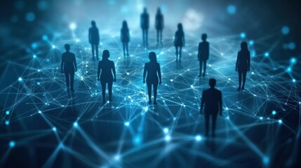 Poster - silhouettes of people connected by a digital network, representing teamwork, collaboration, and mode