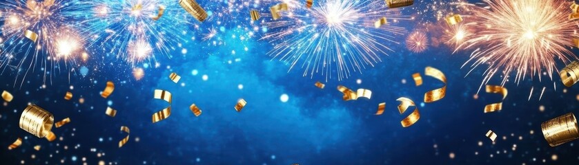Poster - Colorful fireworks burst against a deep blue sky, creating a festive atmosphere with golden confetti raining down.
