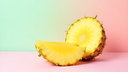 Poster - Fresh exotic pineapple slice adorns a vibrant pastel colored background evoking a sense of refreshing summer fruit tranquility always._00001_