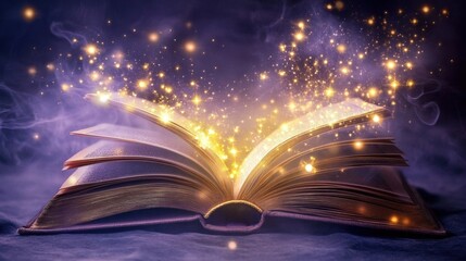 Wall Mural - an enchanting open book with shimmering magic particles illuminating the dark backdrop, evoking a se
