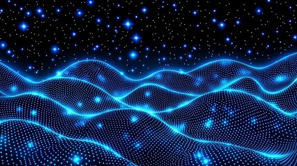 Aufkleber - A blue-themed abstract background with a low poly wave design made of connecting dots and lines. Hanging dots in space give a sense of particle placement, forming a vast data background. 3D rendered.
