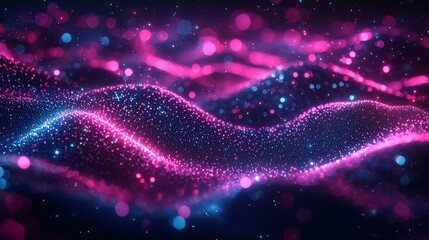 Poster - Mimicking an abstract wave on a dark background. Particle-based network design. Big data. An abstract, bright shine in black space. 3D rendering.